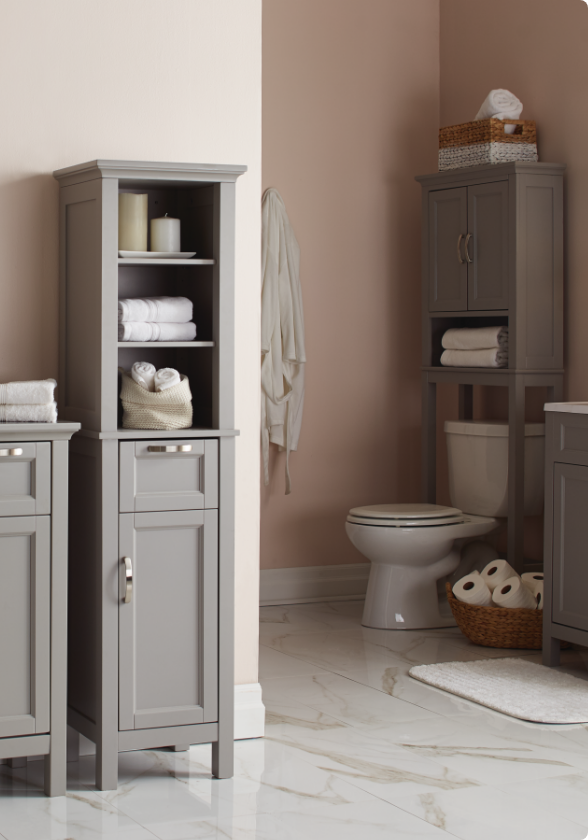 Beige walls in a bathroom, with matching cabinets.