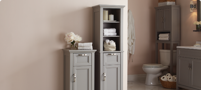 Beige walls in a bathroom, with matching cabinets.