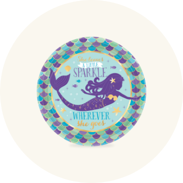 Paper plate with mermaid scales border, mermaid, and text print