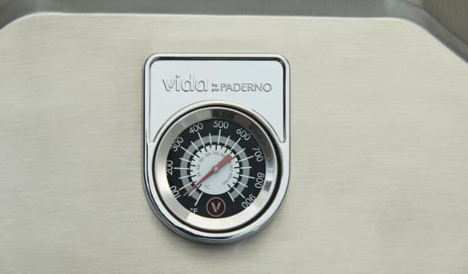 Close up of Vida by PADERNO Gas Pizza Oven temperature dial. 