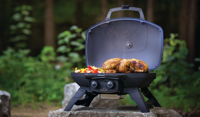 Napoleon Travel Q Tabletop Portable BBQ on outdoor table, grilling veggies and meat. 