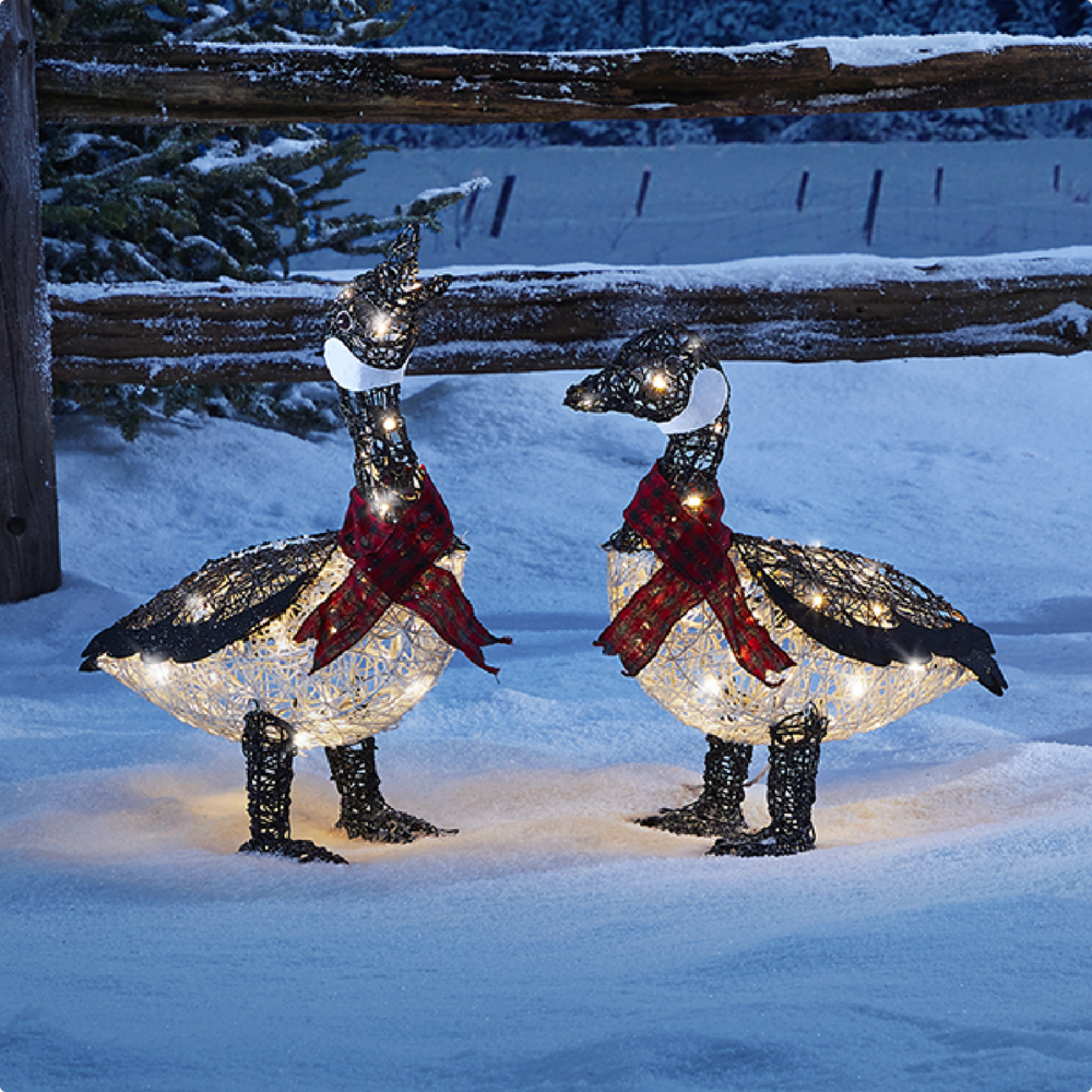 Two CANVAS Canadian Cabin geese Christmas decorative figures lit up on a snowy lawn.