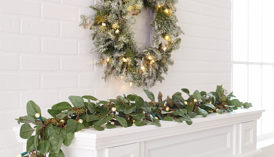 Christmas Wreaths & Garland on a mantel