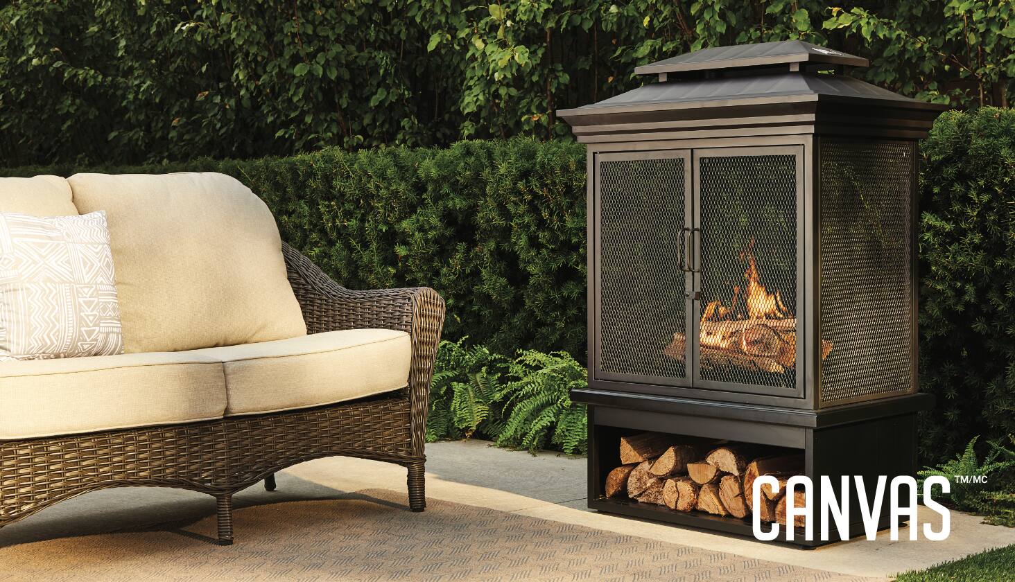 Add warmth and style to your patio with this sleek, wood-burning fireplace that includes mesh walls for protection, ash tray lift and accessories.