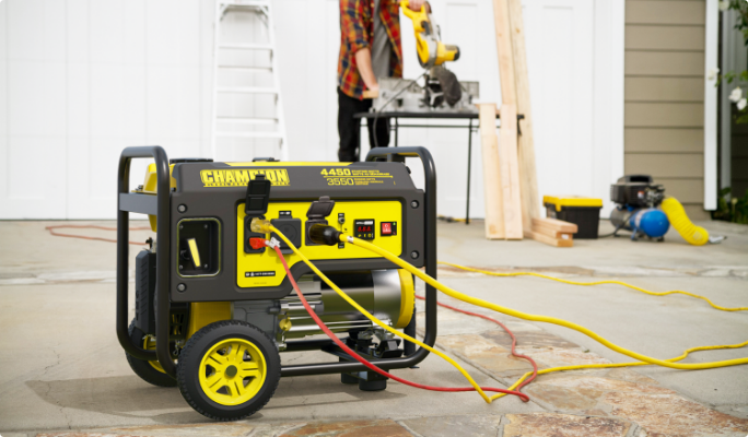 Product shot of Champion Power Generator in a workshop.