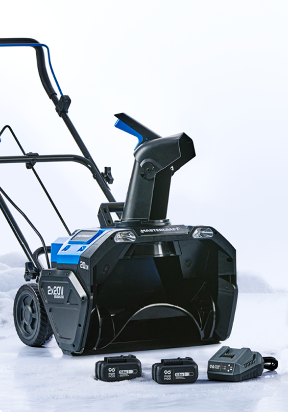 Product shot of PWR POD with Mastercraft Single Stage Snowblower in snowy background. 