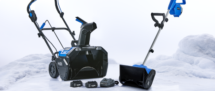 Product shot of PWR POD with Mastercraft Single Stage Snowblower in snowy background. 