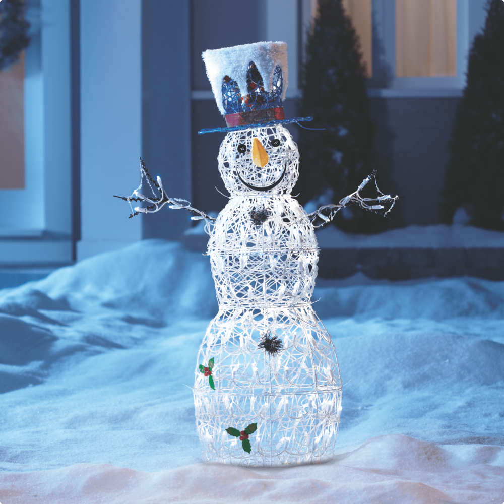 CANVAS 8-ft Whimsical LED snowman on a snowy lawn.