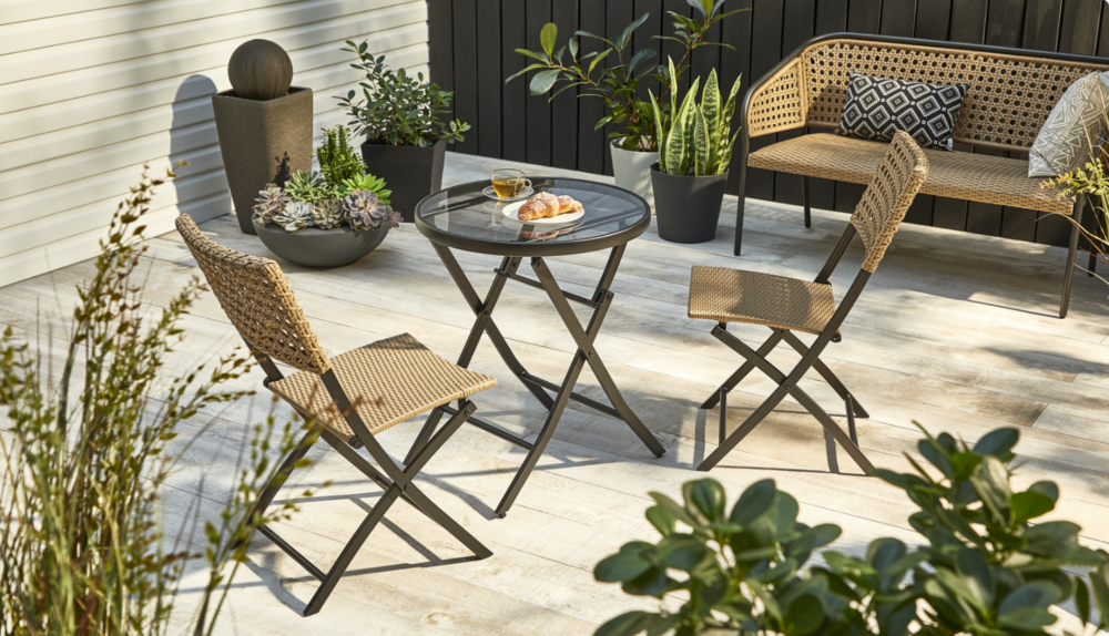 Chambly collection bistro set in backyard.