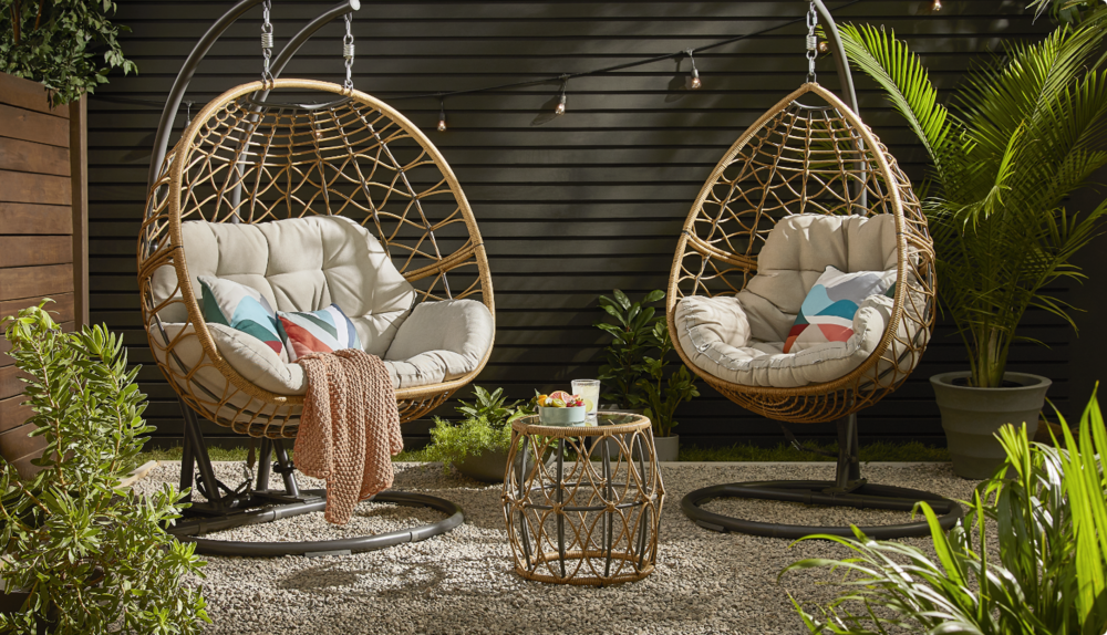 Sydney egg chairs in backyard.