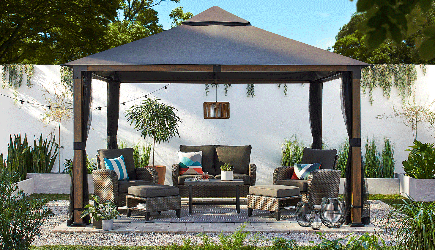 Henderson Gazebo in backyard from day to night. 