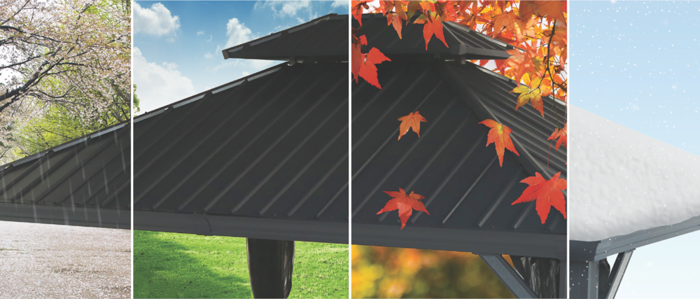 CANVAS Skyline Gazebo roof withstanding all seasons: winter, spring, fall, and summer. 