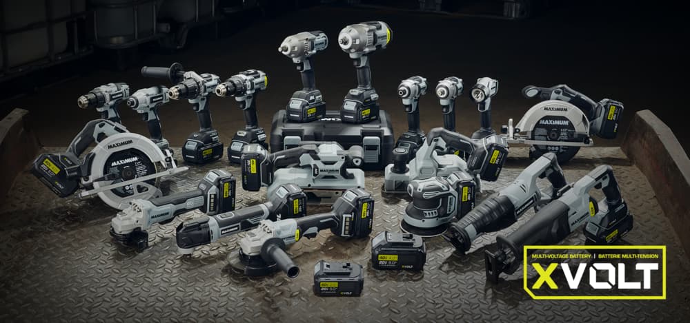 MAXIMUM XVOLT 20V and 40V batteries surrounded by a range of MAXIMUM power tools.