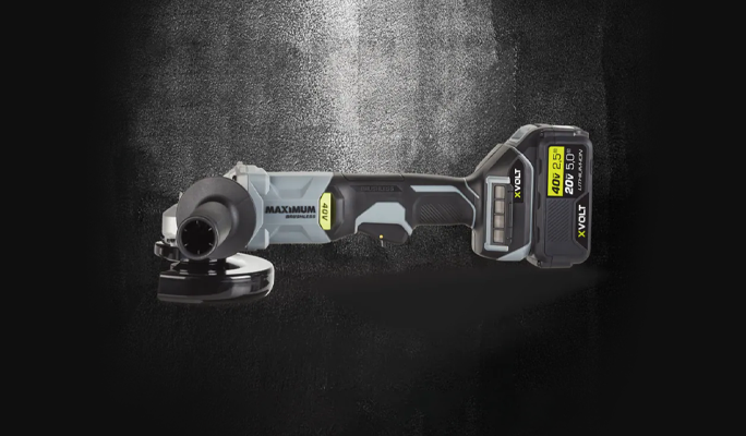 A profile shot of the MAXIMUM 40V Brushless Cordless Angle Grinder, 5-in.