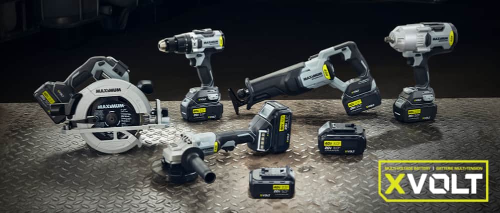 MAXIMUM tools including a circular saw, angle grinder, impact driver and drill with XVOLT 20 & 40V batteries.