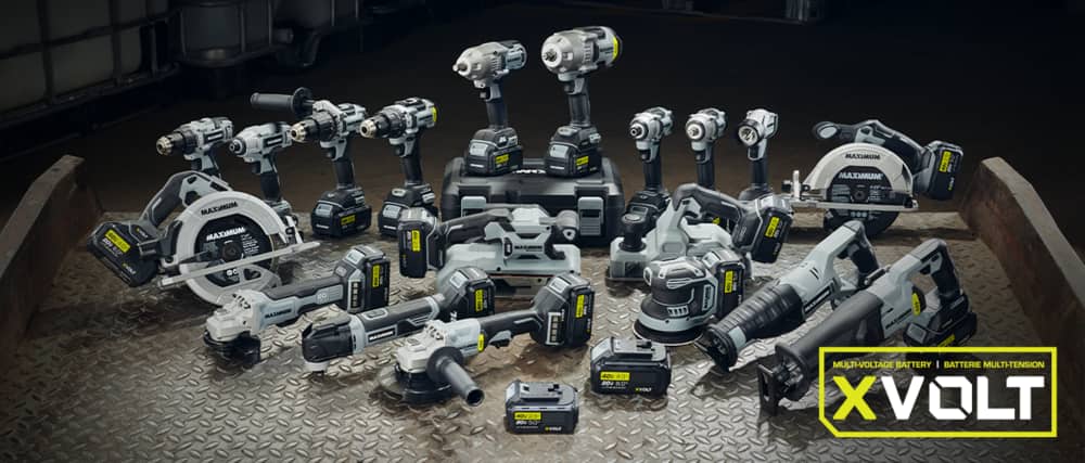 XVOLT 20V and 40V batteries surrounded by MAXIMUM tools including drills, drivers, reciprocating saws, angle grinders, sanders and more.