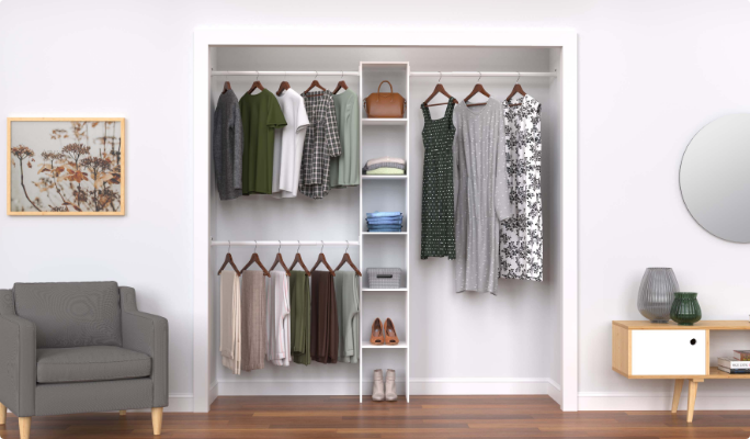 A For Living closet organizer in a bedroom closet.