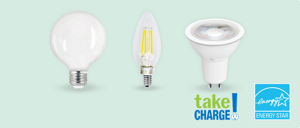 Three energy-efficient LED light bulbs in different styles.