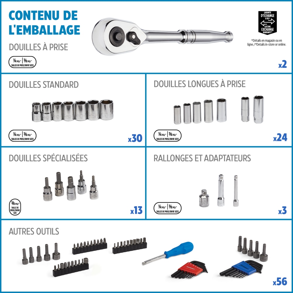 Jeu de douilles Mastercraft, 128&nbsp;pc, SAE/métrique, CRV, placage nickel/chrome Composite_or_Mixed