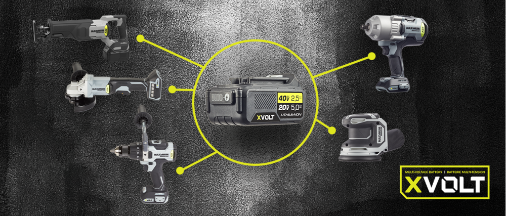 XVOLT battery surrounded by 5 MAXIMUM cordless tools: a reciprocating saw, angle grinder, drill, impact driver, and palm sander.