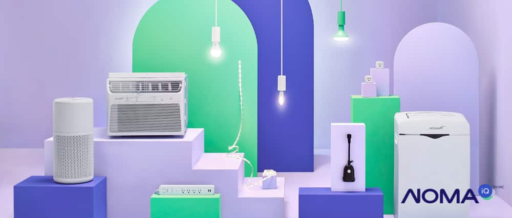 Une série d'articles NOMA iQ conçus pour la maison : ampoules intelligentes, climatiseurs, purificateurs d'air et solutions d'alimentation en électricité.