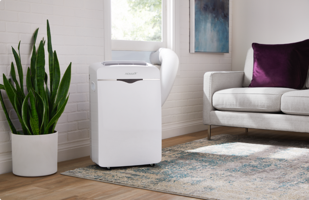 Two NOMA iQ air purifiers set on a living room floor