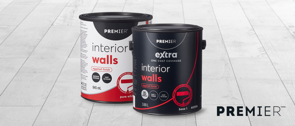 Two cans of Premier interior wall paint with TruSnap lids.