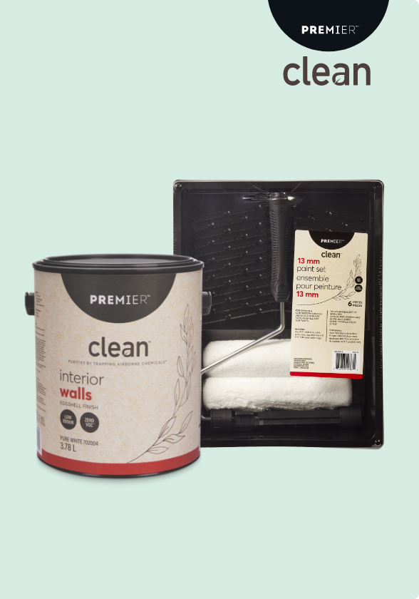 A 3.78 litre can of Premier Clean Interior Paint and a Premier Clean Paint Tray with rollers.