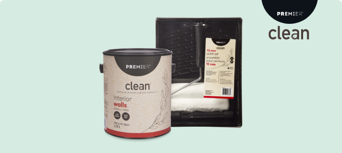A 3.78 litre can of Premier Clean Interior Paint and a Premier Clean Paint Tray with rollers.