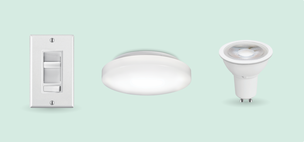 A light switch with dimmer, LED light fixture, and LED halogen-style bulb.