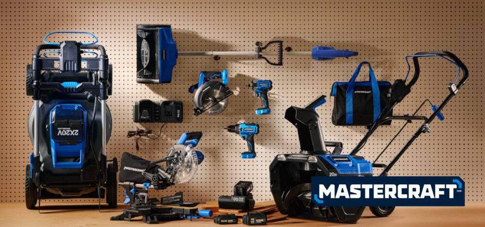 A selection of Mastercraft tools including reciprocating saw, circular saw, impact driver, drill, and angle grinder.
