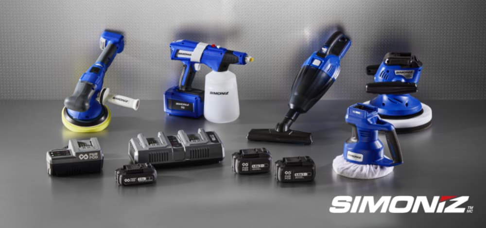 SIMONIZ cordless foam gun, polisher, buffer, and cordless vacuum with assorted PWR POD batteries and chargers.