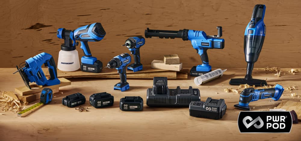 Mastercraft jigsaw, drill, impact driver, oscillating tool, vacuum, caulking gun and sprayer with PWR POD batteries and 2-station charger.