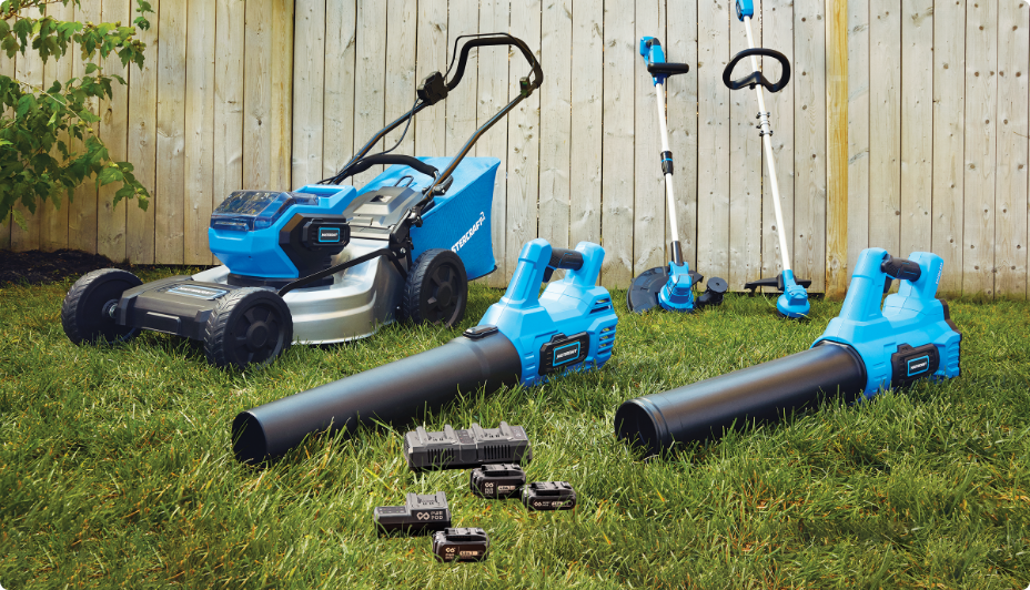 A Mastercraft cordless electric lawnmower, trimmer, and leaf blowers with a range of PWR POD batteries and a 2-station charger.