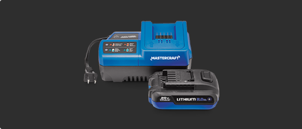 A Mastercraft 20V MAX battery charger and 20V battery pack.