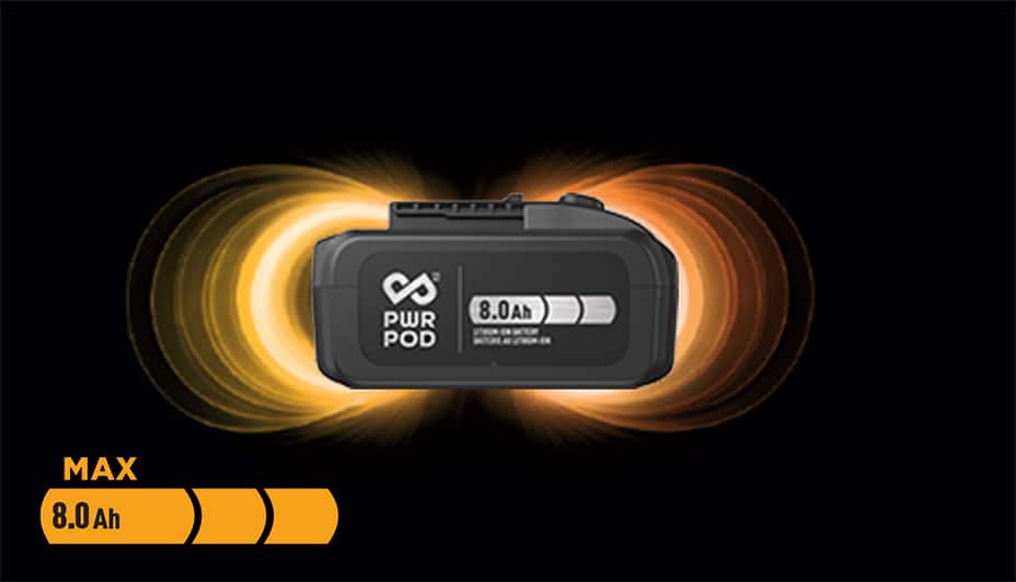 Batteries PWR POD maximales : 8, 0 Ah.