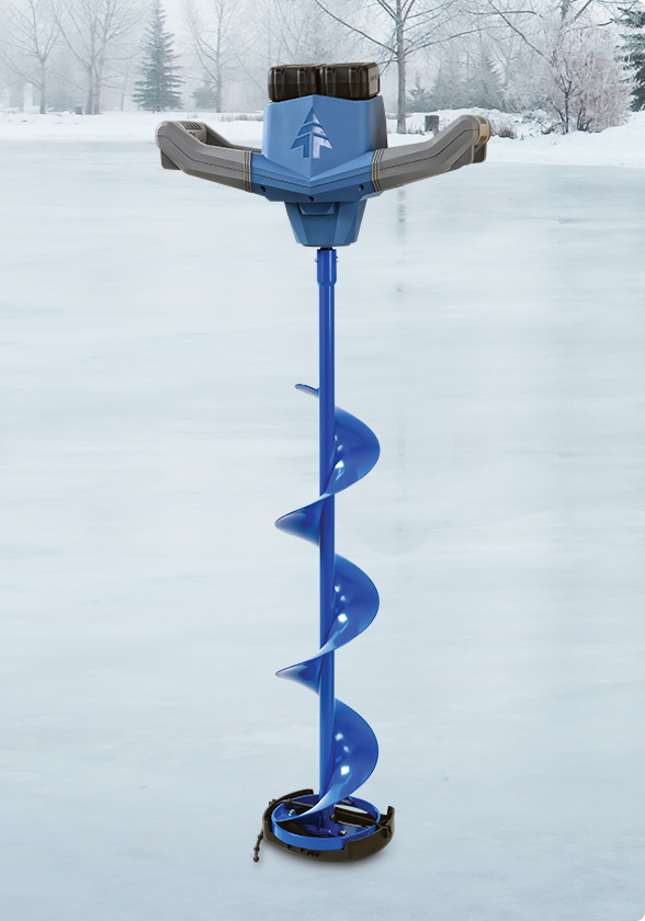 PWR PODs attached to Woods™ Glacial 40V UBS Cordless Electric Ice Auger on icy lake.