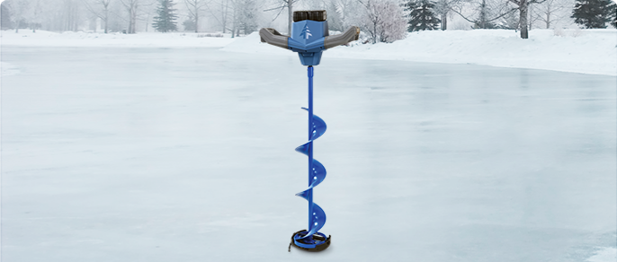 PWR PODs attached to Woods™ Glacial 40V UBS Cordless Electric Ice Auger on icy lake.