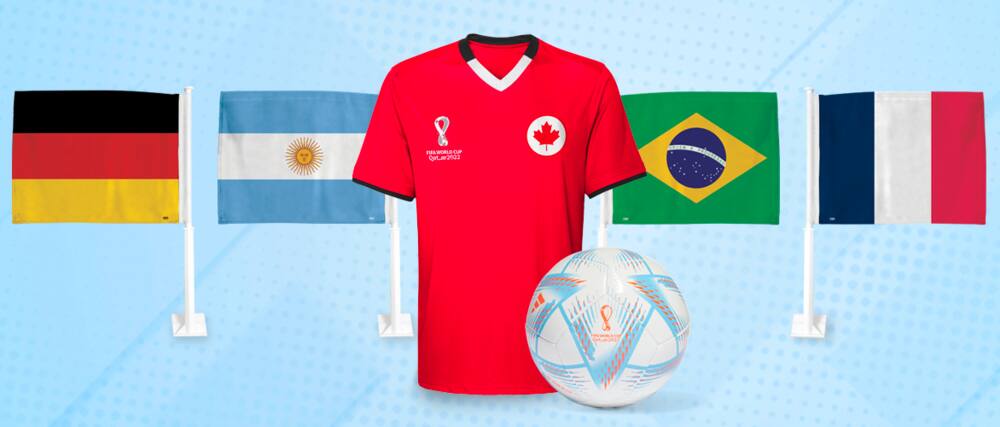 Collage with a blue background featuring a Canada soccer jersey, flags of Germany, Argentina, Brazil and France and a soccer bag.