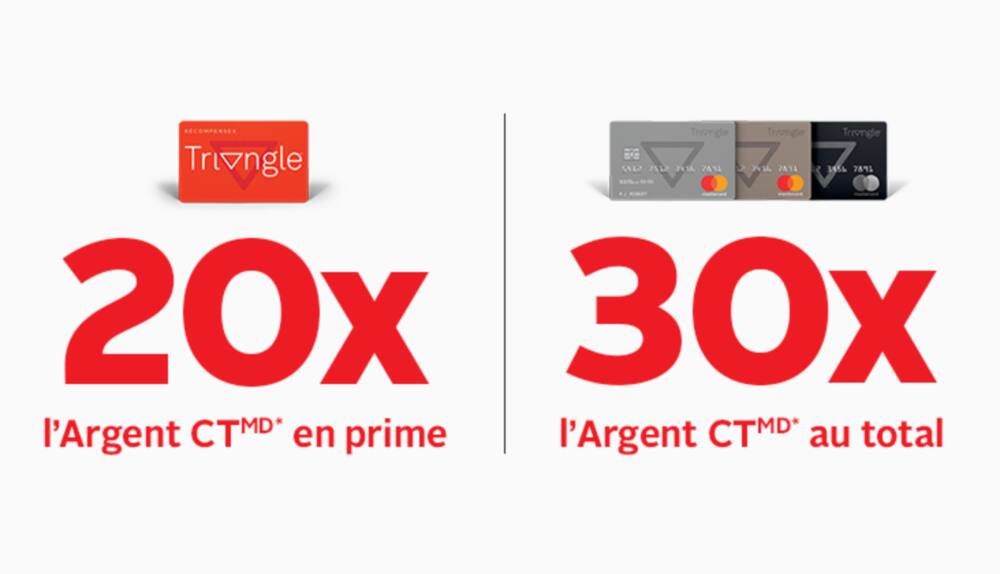 SPEND $150+*, COLLECT 20X BONUS CT MONEY® on almost everything April 1 with Triangle RewardsTM & 30x Total with a TriangleTM credit card. *Pre-tax purchase. Conditions apply. 
