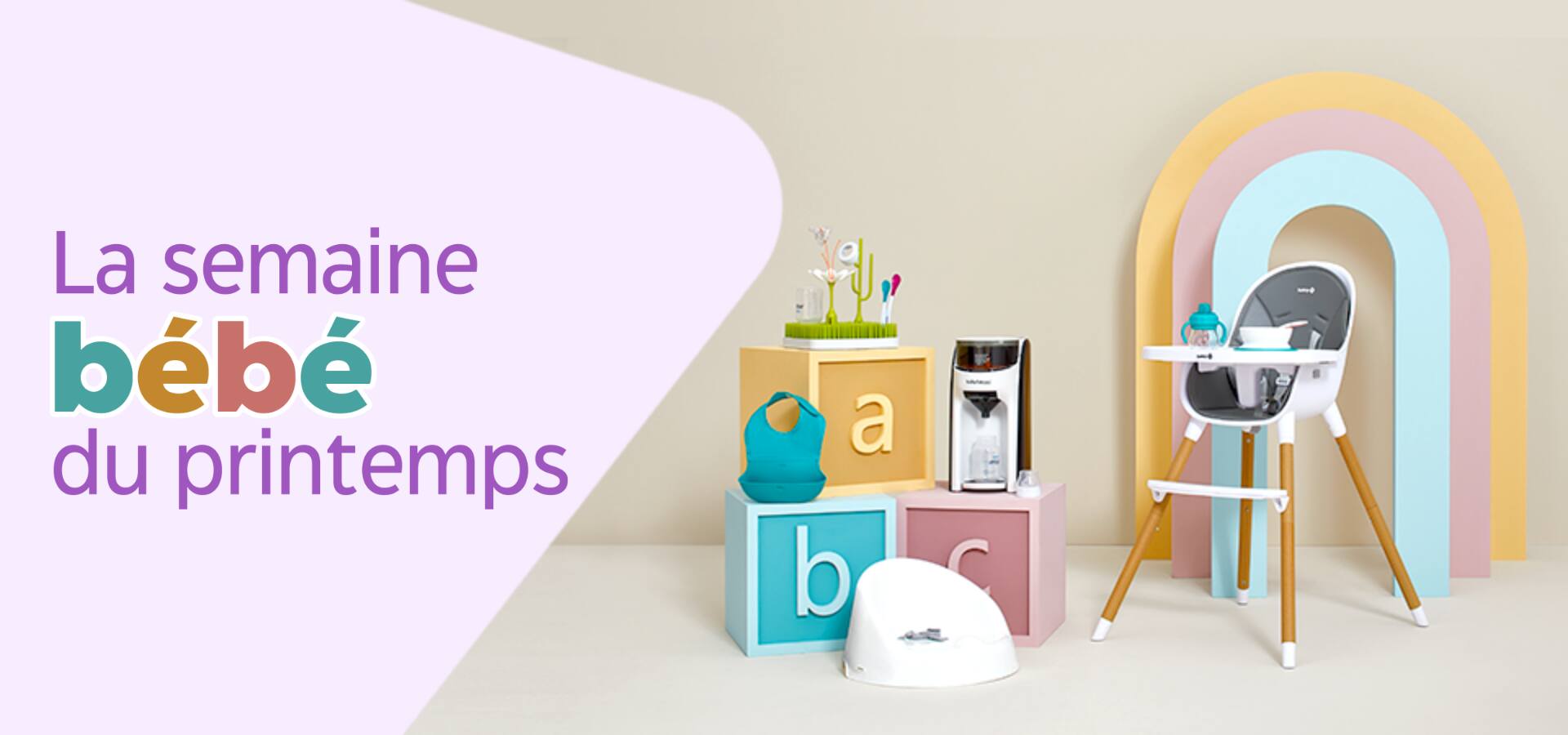 Une chaise haute Safety 1st Avista, une bavette hydrofuge BabyBjorn, un séchoir à biberons, un distributeur de lait pour bébé et un siège de toilette pour enfant.