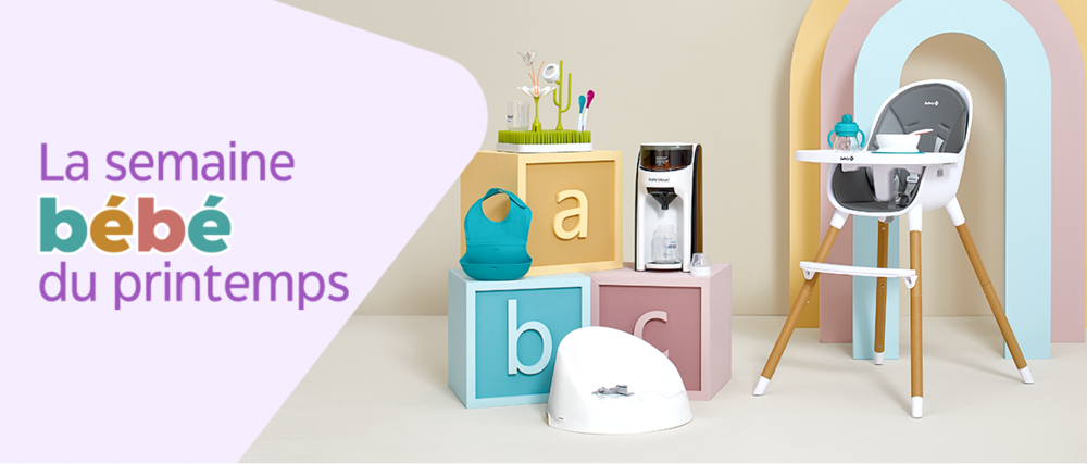 Une bavette hydrofuge BabyBjorn, une chaise haute Safety 1st Avista, un robot culinaire Baby Brezza, un séchoir à linge et un petit pot.