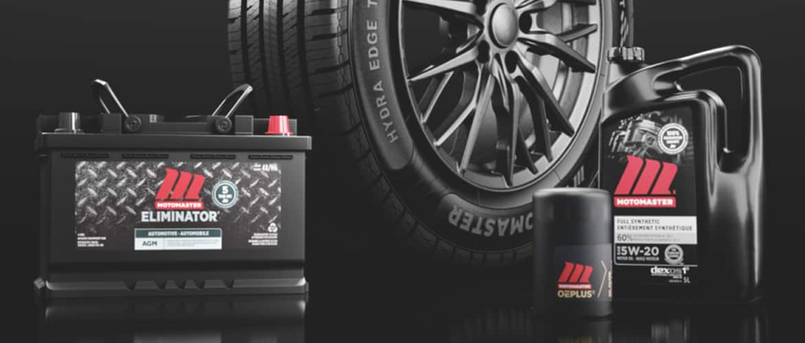 MotoMaster products including 15W-20 Full Synthetic Motor Oil, OEPLUS oil filter, Hydra Edge Tour tire, and Eliminator Automotive battery.
