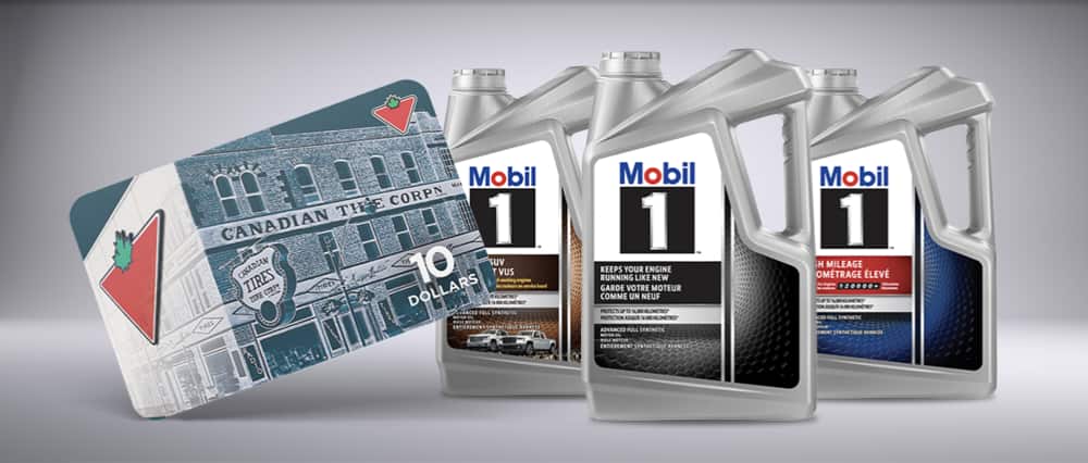 A $10 Canadian Tire gift card and three jugs of Mobil 1™ Advanced Full Synthetic motor oil.