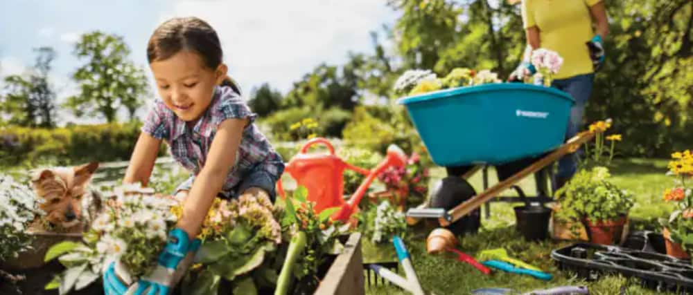 Child planting flowers in garden