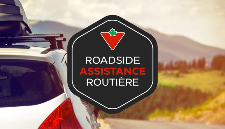 A white car with a roof rack in a mountainous setting. A black badge reading "Roadside Assistance Routière" is superimposed over the image.