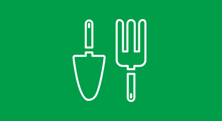 Line drawing of a hand trowel and cultivator on a green background.