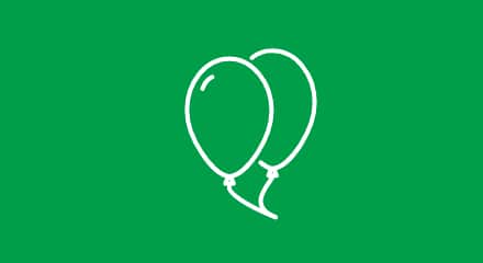 Line drawing of two helium balloons on a green background.