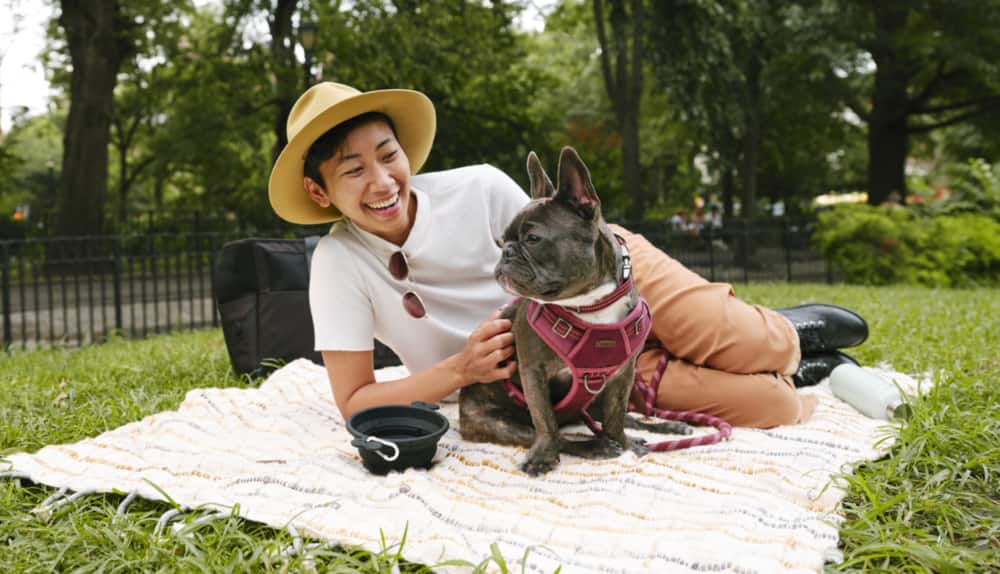 Une femme sur une couverture de pique-nique avec un chien qui porte un harnais en toile pour chiens Reddy de couleur bourgogne.