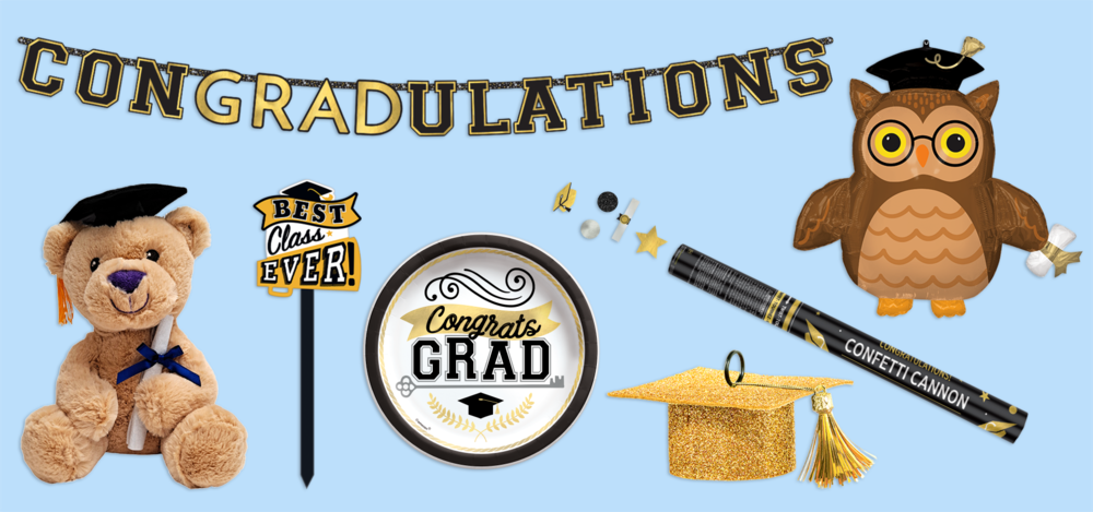 An Achievement is Key round plate, metallic confetti cannon, conGRADulations letter banner and other graduation products. 